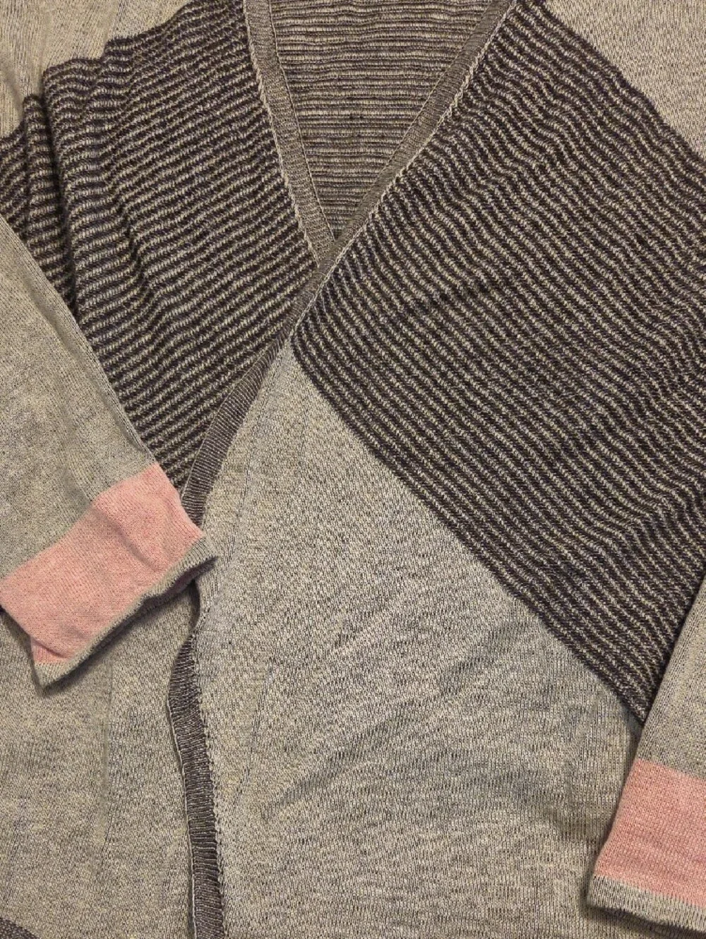 Nic + Zoe Gray & Charcoal Striped Open Cardigan with Pink Cuff Detail